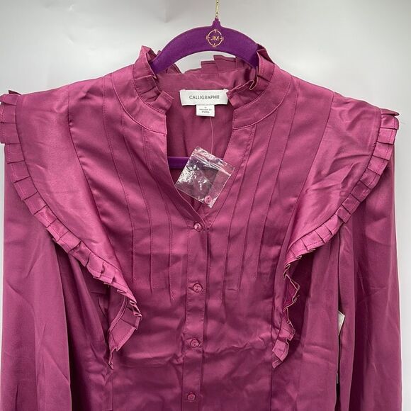 Calligraphie high collar satin Victorian blush pink pleated yoke puff sleeve NEW - Picture 4 of 14